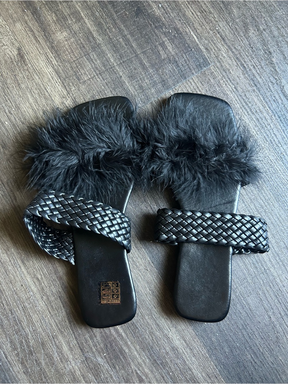 Black Faux-Fur & Braided Slide Sandals for Women